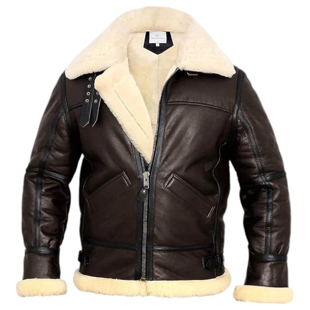 VINTAGE Style Aviator Style Mens Genuine Shearling Jacket - Brown